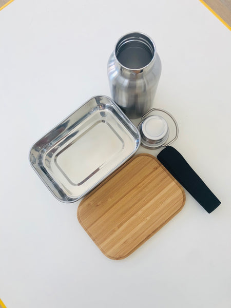 Bento Box and drink bottle set - stainless steel with bamboo lid
