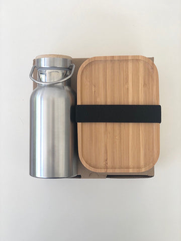 Bento Box and drink bottle set - stainless steel with bamboo lid